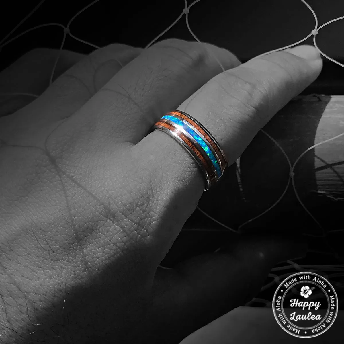 Tungsten Carbide Tri-Inlay Ring [8mm width] Blue Opal & Hawaiian Koa Wood - Barrel Shape, Comfort Fitment