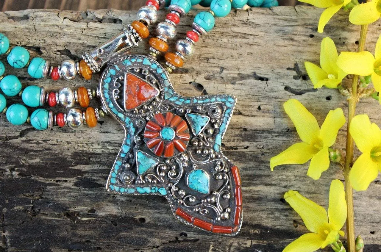 Turquoise and Amber Traditional Karma Necklace