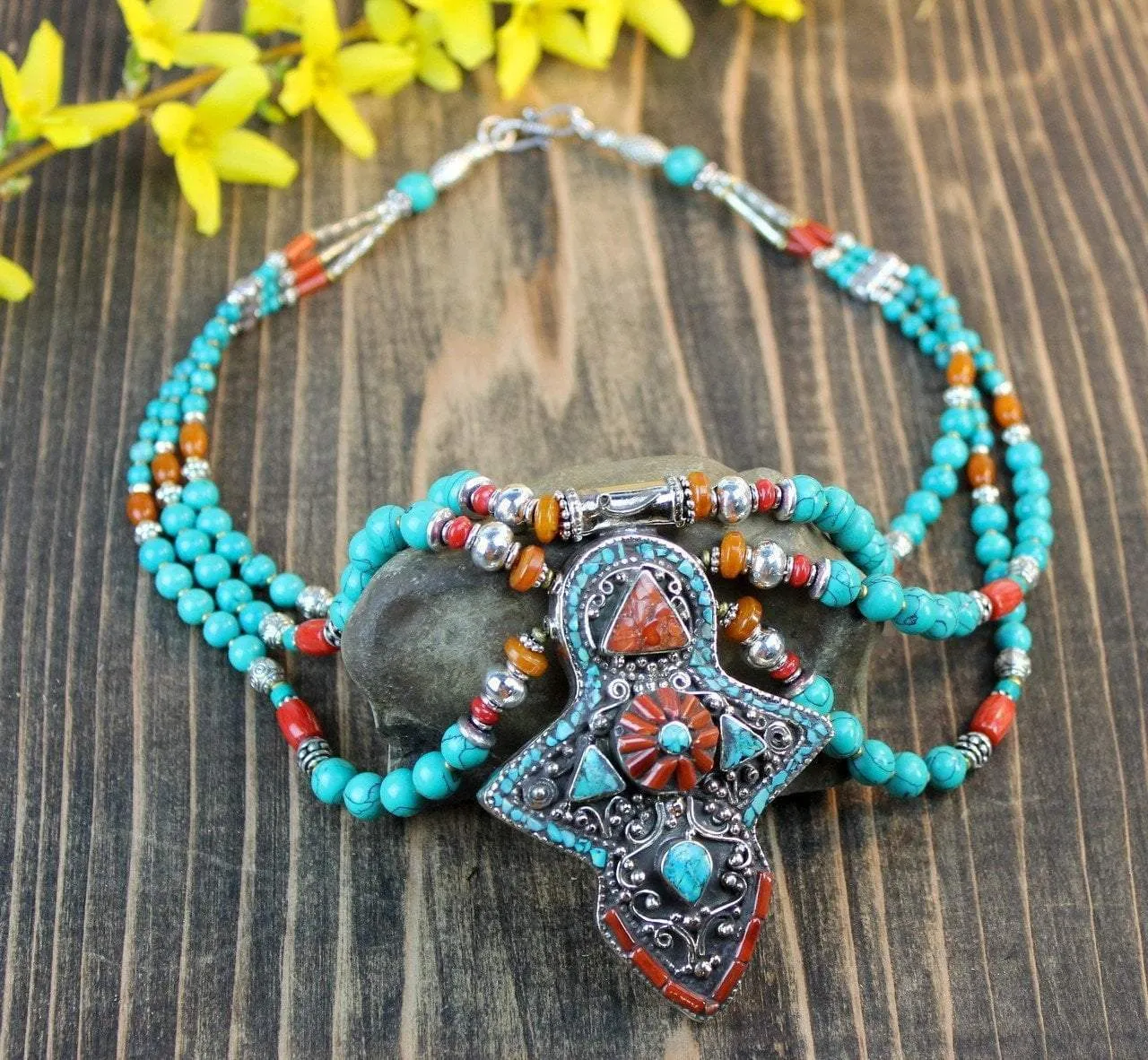 Turquoise and Amber Traditional Karma Necklace