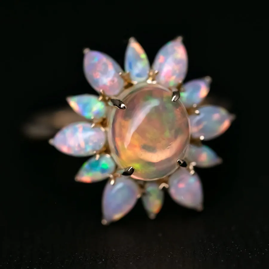 Unique Halo Design Mexican Fire Opal & Australian Opal Engagement Ring 18K Yellow Gold