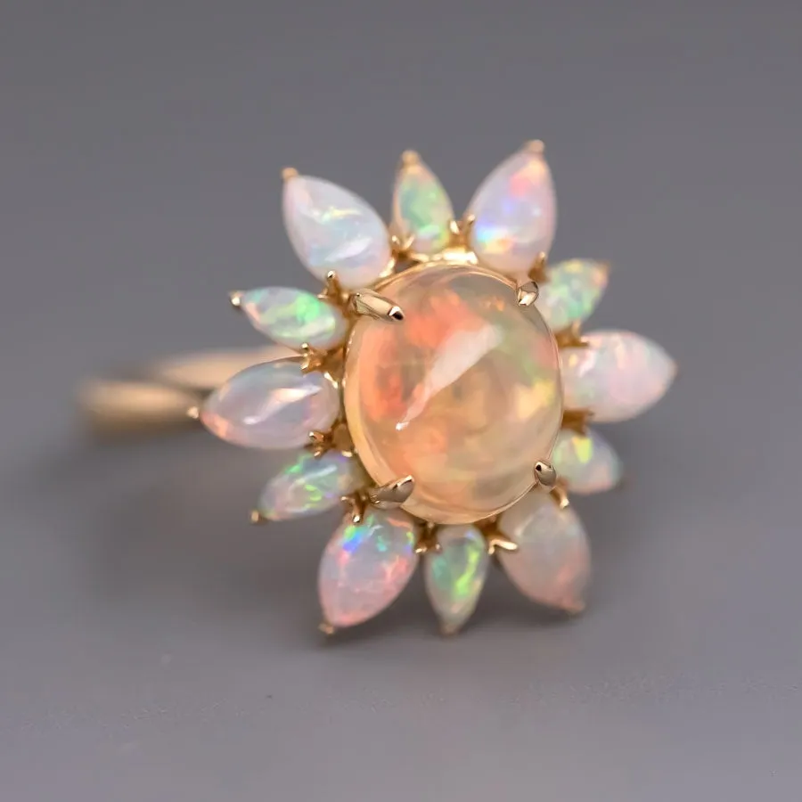 Unique Halo Design Mexican Fire Opal & Australian Opal Engagement Ring 18K Yellow Gold