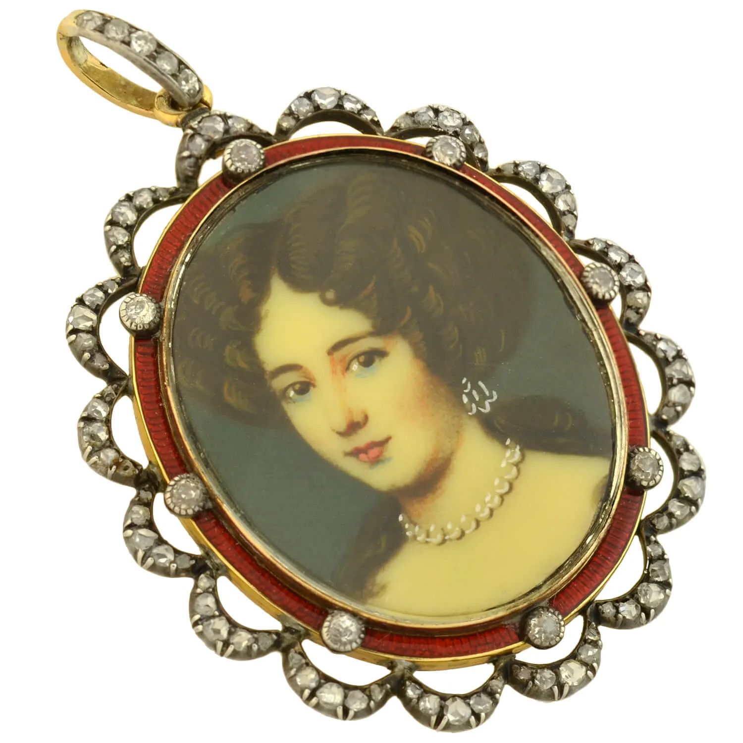 Victorian Sterling/14kt Enameled Diamond   Painted Portrait Locket Pendant