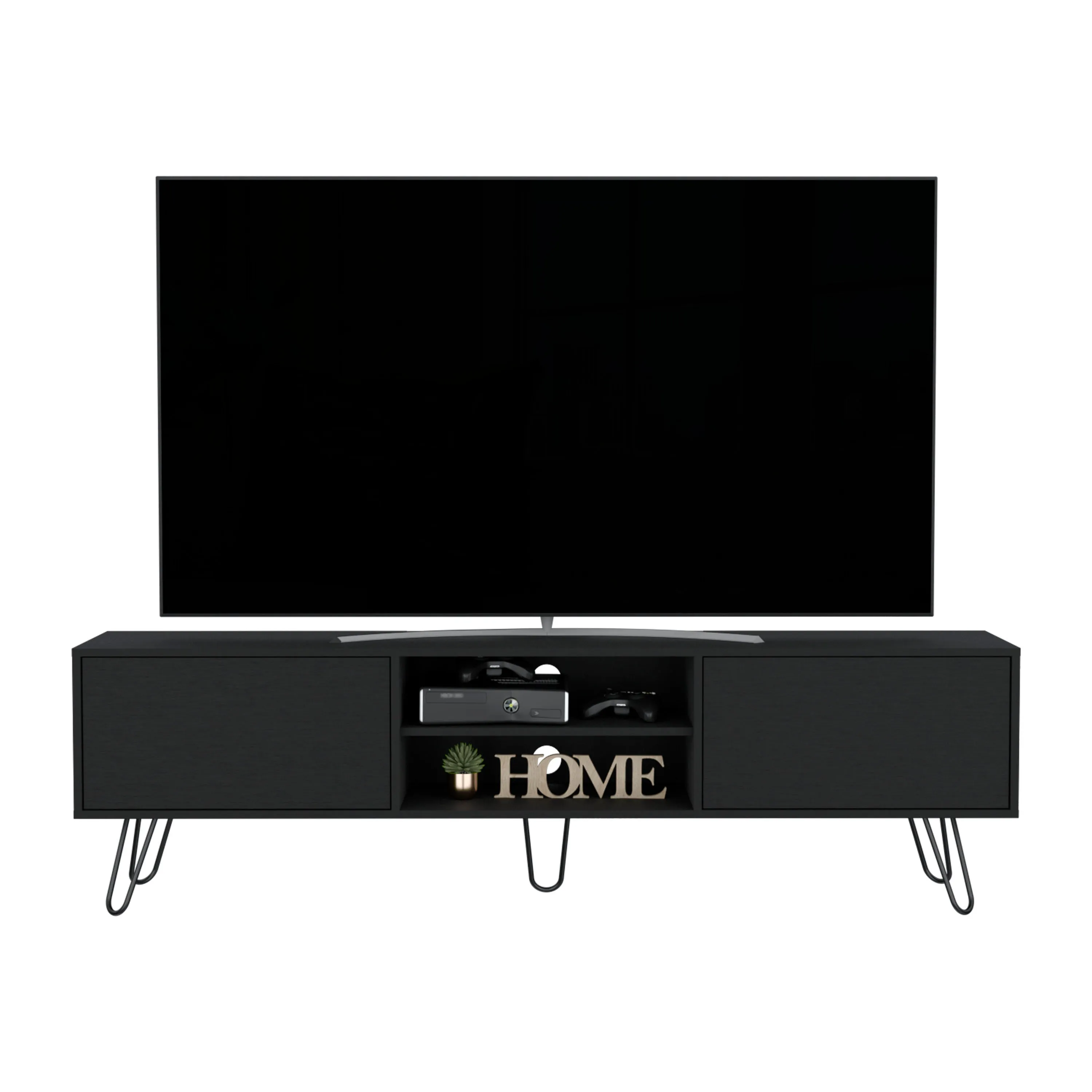 Waco TV Rack, Hairpin Stand with Spacious Storage and Cable Management Holes, Black