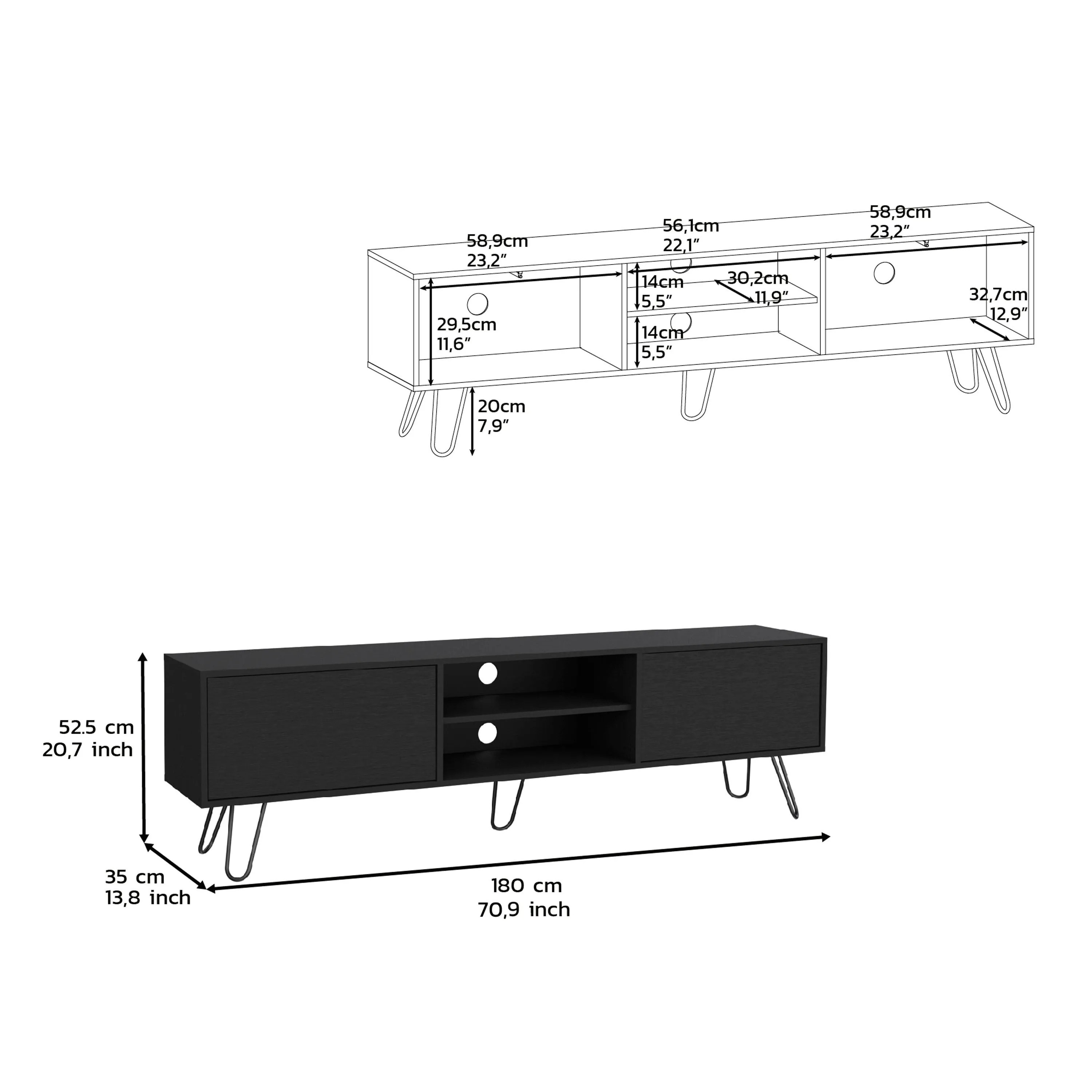 Waco TV Rack, Hairpin Stand with Spacious Storage and Cable Management Holes, Black