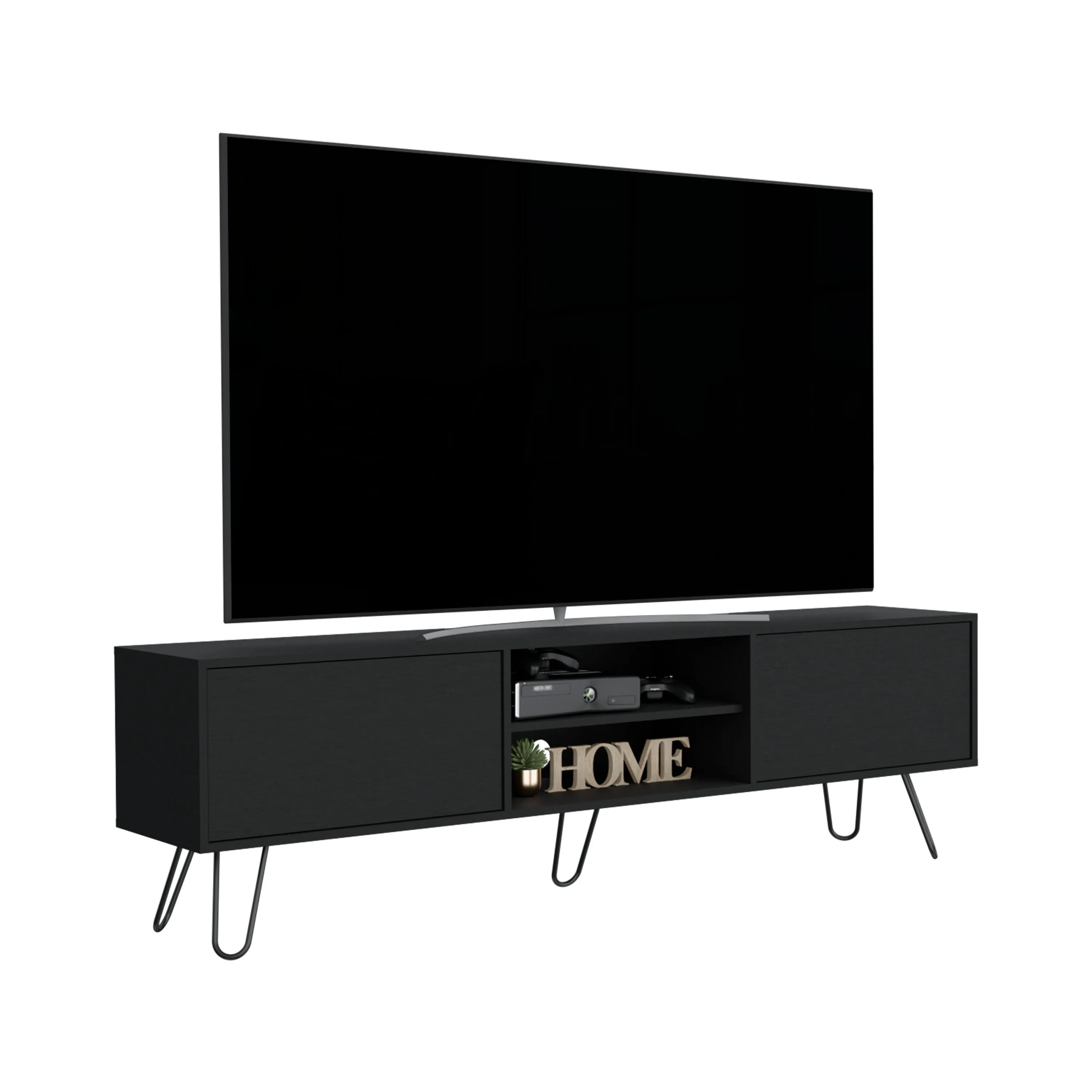 Waco TV Rack, Hairpin Stand with Spacious Storage and Cable Management Holes, Black