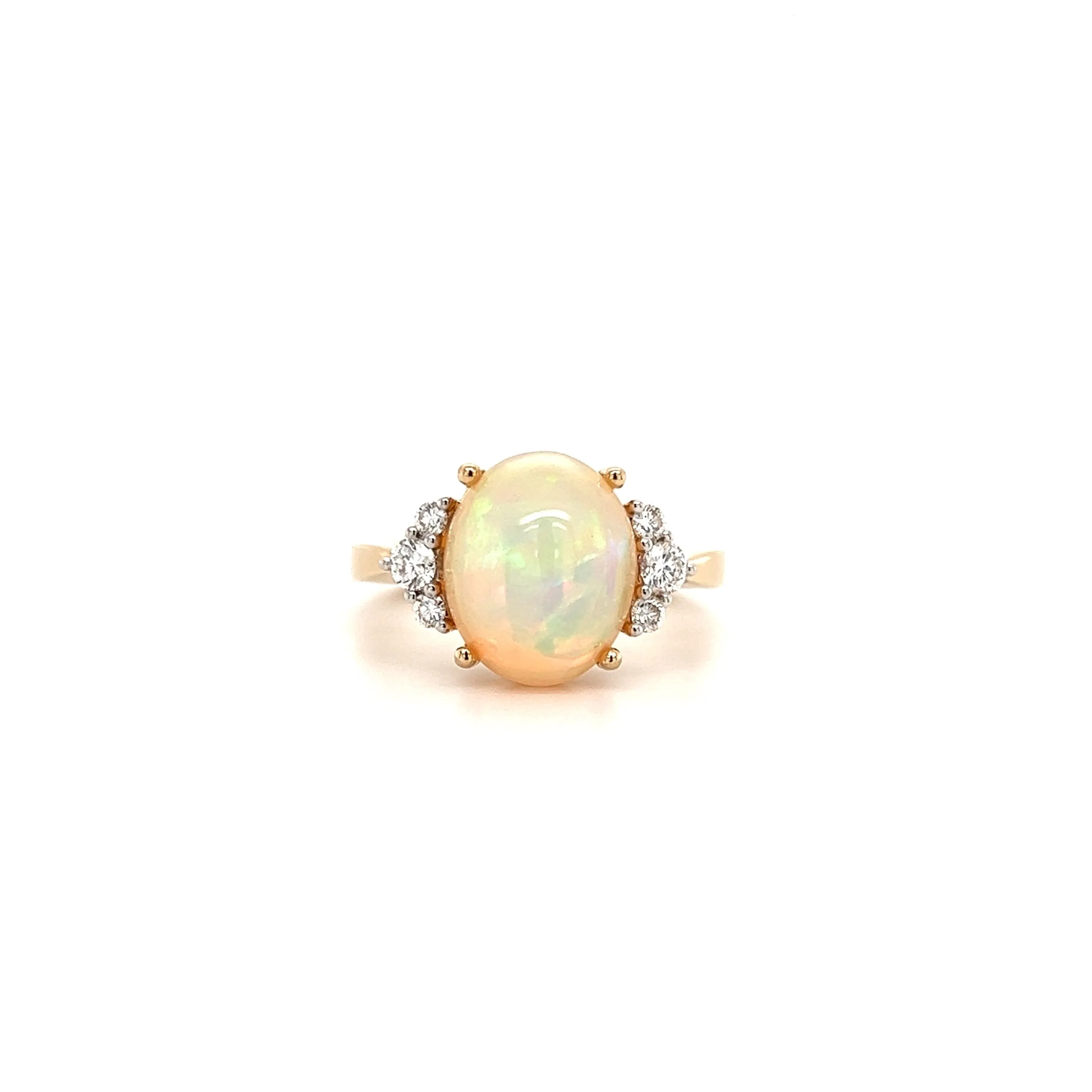 White Ethiopian Opal Ring with Six Side Diamonds in 14K Yellow Gold