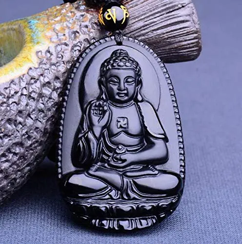 Yellow Chimes Exclusive D'Vine Collection Natural Black Obsidian Hand-Carved Healing Beads Natural Stones Reiki Buddha Long Pendant Necklace Men And Women (Unisex)