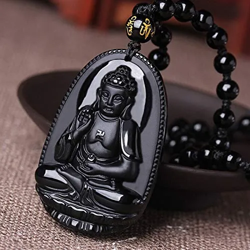 Yellow Chimes Exclusive D'Vine Collection Natural Black Obsidian Hand-Carved Healing Beads Natural Stones Reiki Buddha Long Pendant Necklace Men And Women (Unisex)